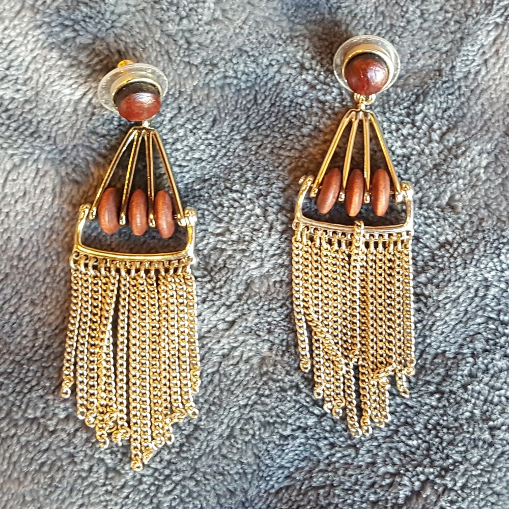 Earrings | Wood and Gold Fringe |